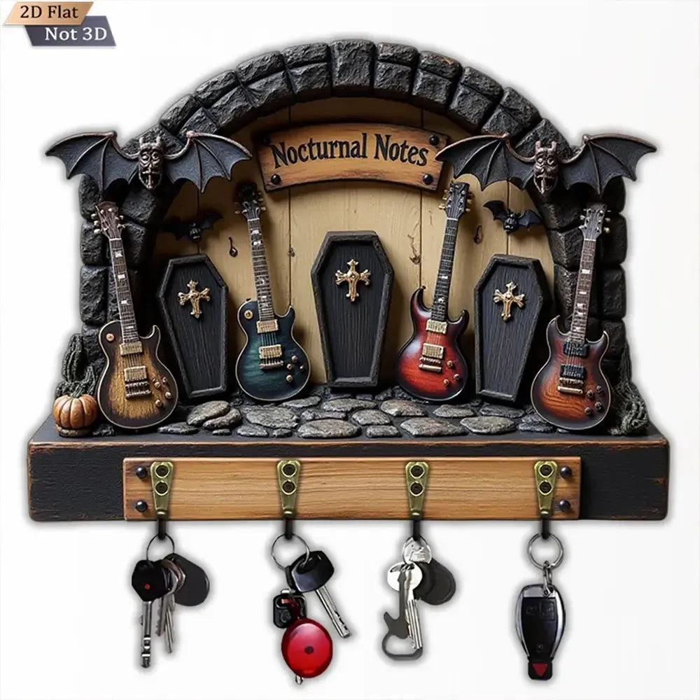 2D Dark Tombstone Guitar Key Holder 4 Metal Hooks - Halloween Gothic Wood Key Rack-MoonChildWorld