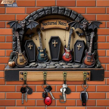 2D Dark Tombstone Guitar Key Holder 4 Metal Hooks - Halloween Gothic Wood Key Rack-MoonChildWorld
