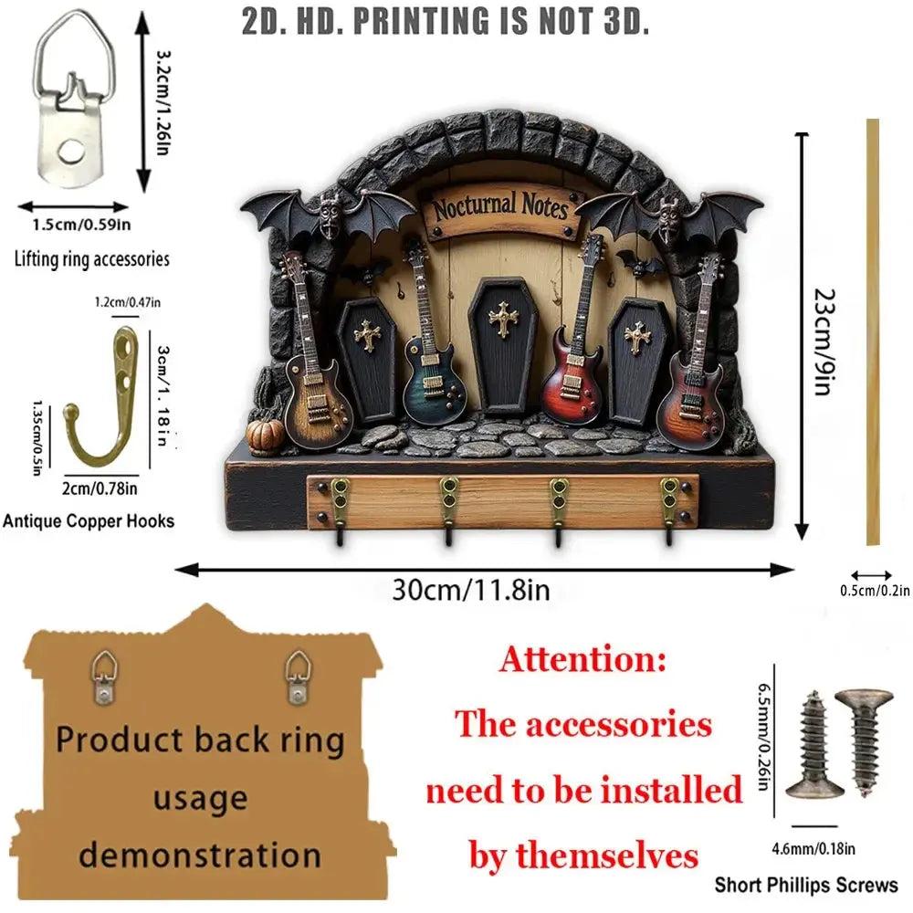 2D Dark Tombstone Guitar Key Holder 4 Metal Hooks - Halloween Gothic Wood Key Rack-MoonChildWorld