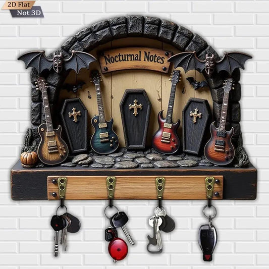 2D Dark Tombstone Guitar Key Holder 4 Metal Hooks - Halloween Gothic Wood Key Rack-MoonChildWorld