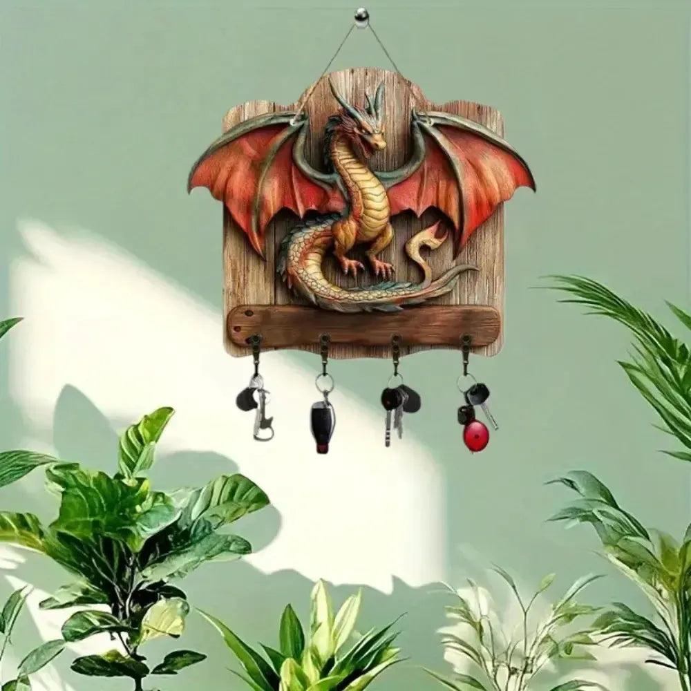 2D Dragon Wooden Key Holder with Four Metal Hooks-MoonChildWorld