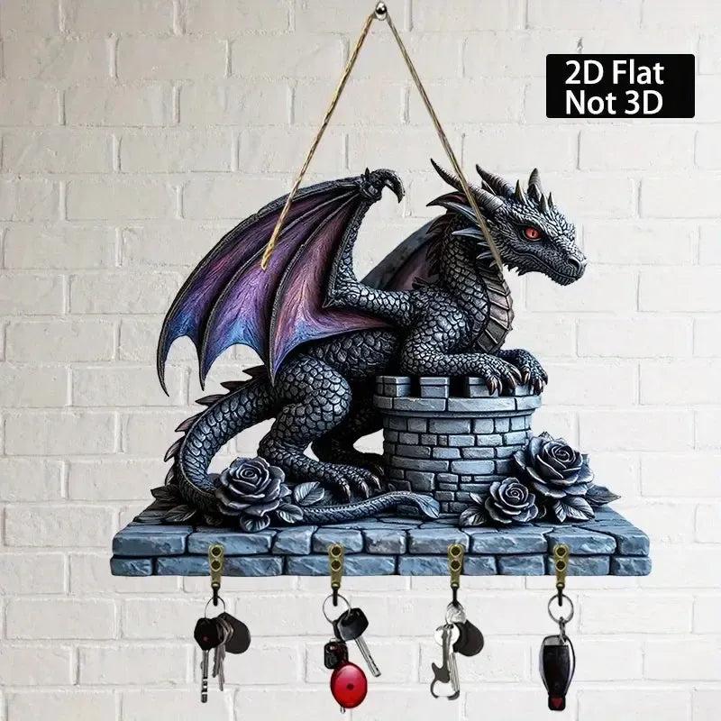 2D Dragon Wooden Key Holder with Four Metal Hooks-MoonChildWorld