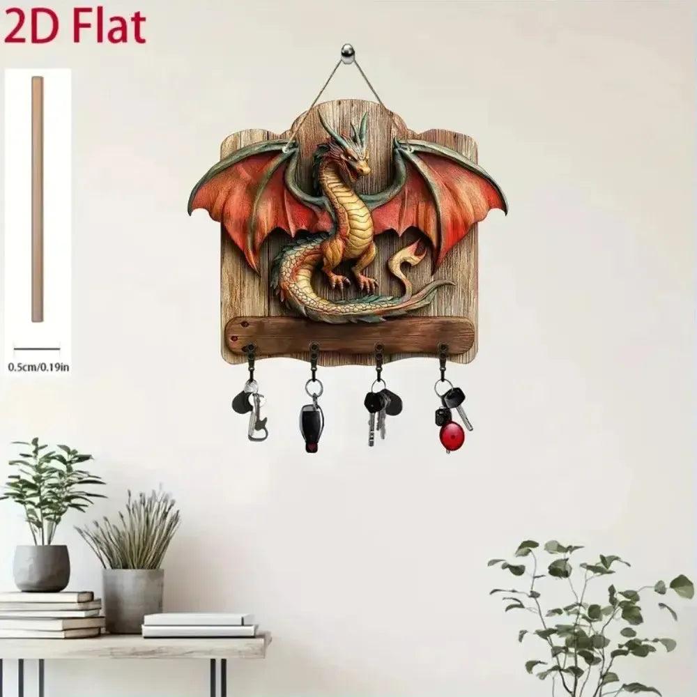 2D Dragon Wooden Key Holder with Four Metal Hooks-MoonChildWorld