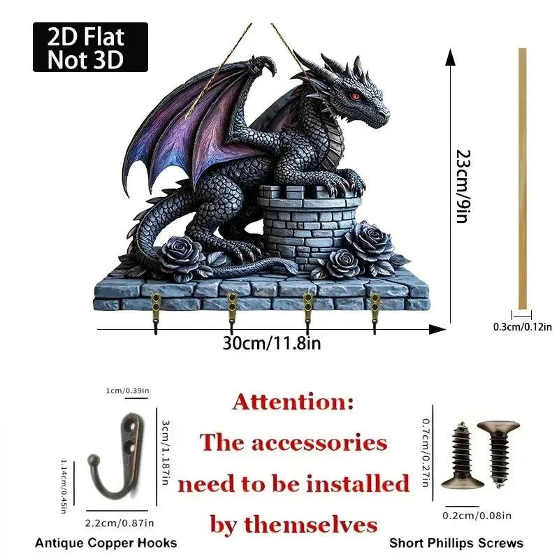 2D Dragon Wooden Key Holder with Four Metal Hooks-MoonChildWorld