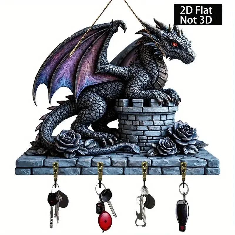 2D Dragon Wooden Key Holder with Four Metal Hooks-MoonChildWorld