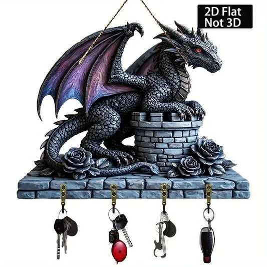 2D Dragon Wooden Key Holder with Four Metal Hooks-MoonChildWorld