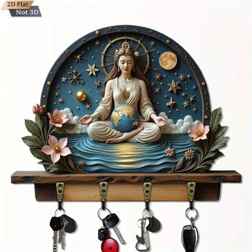 2D Earth Goddess Wooden Key Holder with Four Metal Hooks Pagan Home Decor-MoonChildWorld