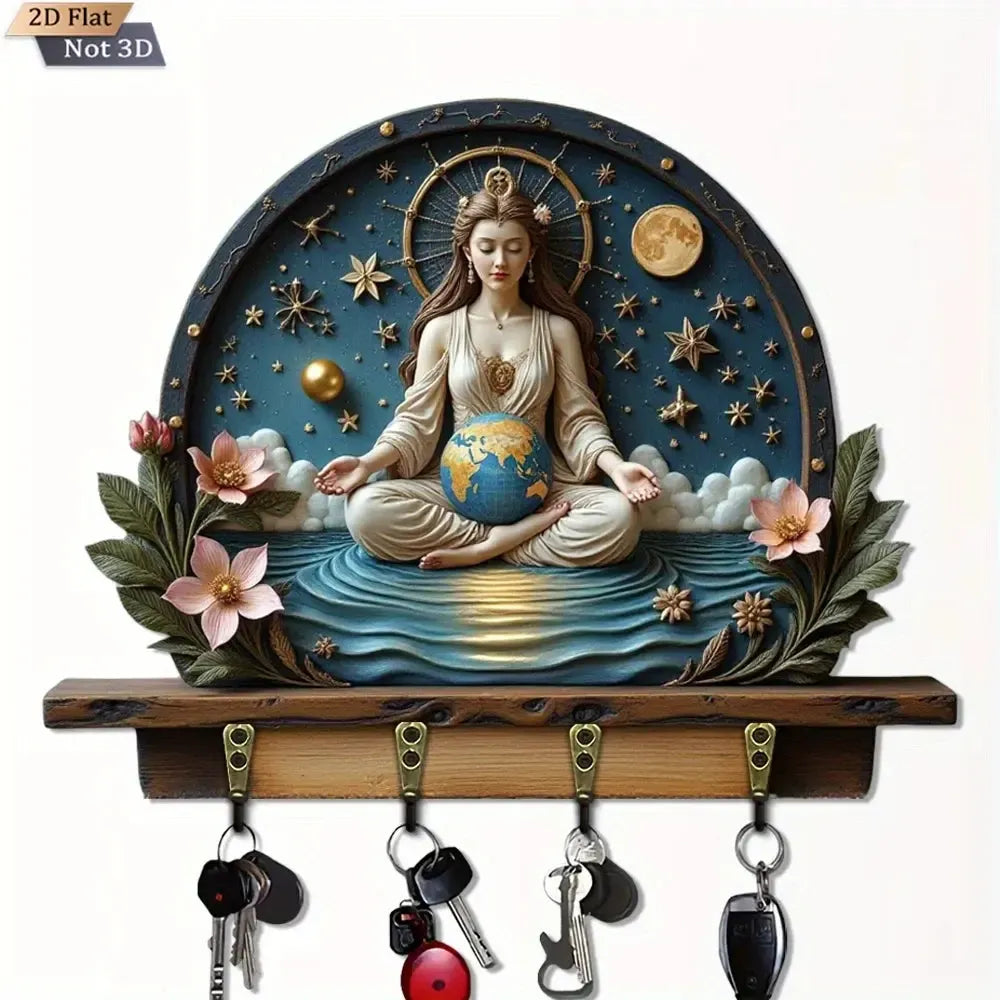 2D Earth Goddess Wooden Key Holder with Four Metal Hooks Pagan Home Decor-MoonChildWorld