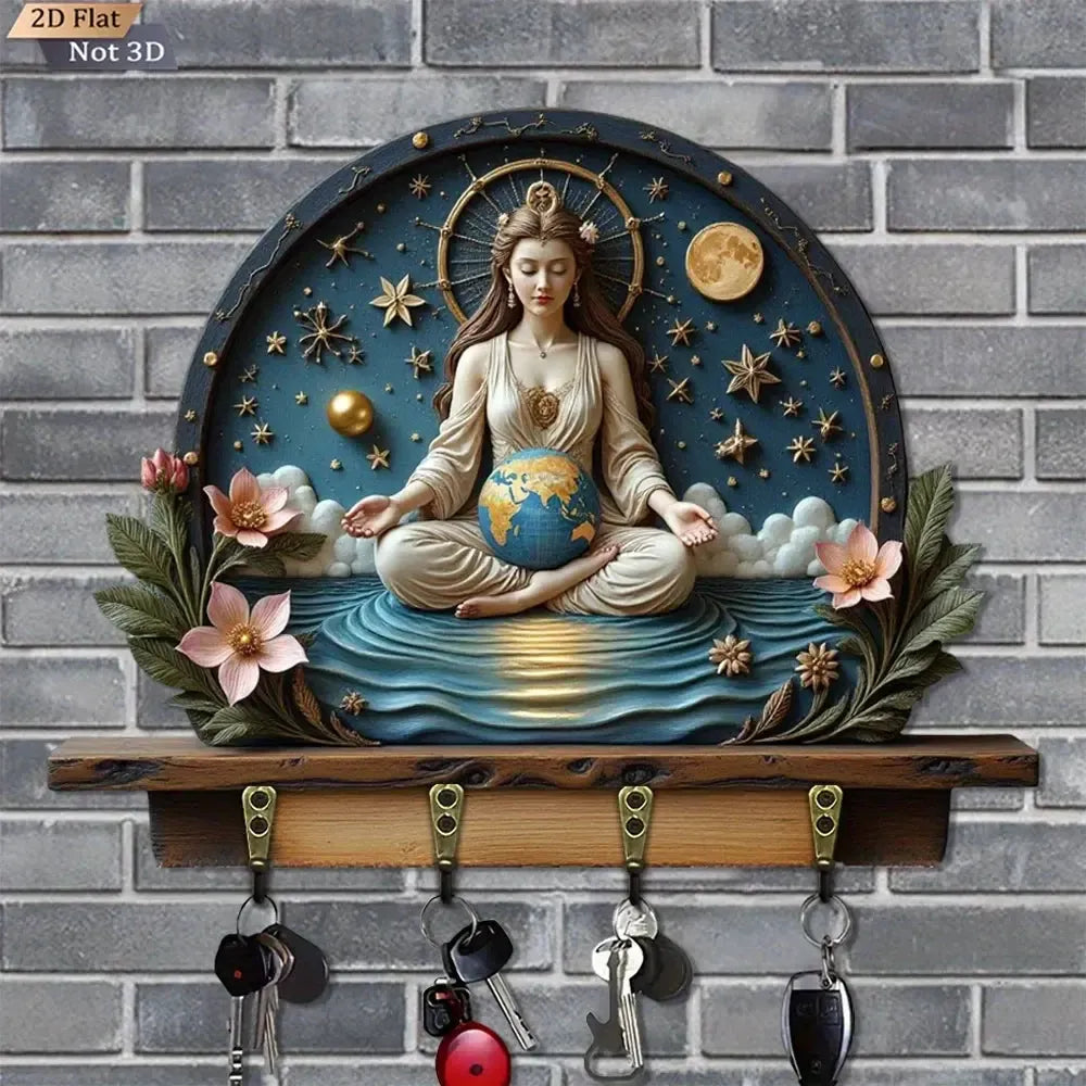 2D Earth Goddess Wooden Key Holder with Four Metal Hooks Pagan Home Decor-MoonChildWorld
