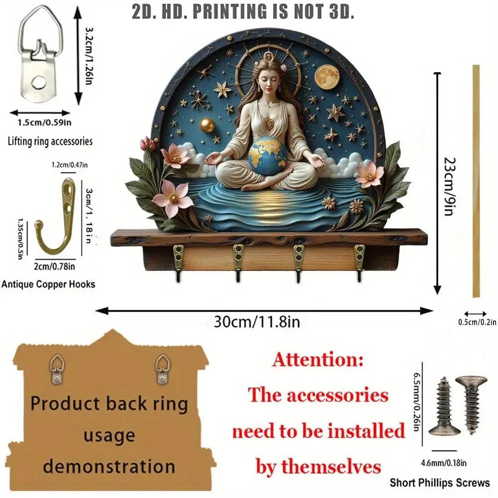 2D Earth Goddess Wooden Key Holder with Four Metal Hooks Pagan Home Decor-MoonChildWorld