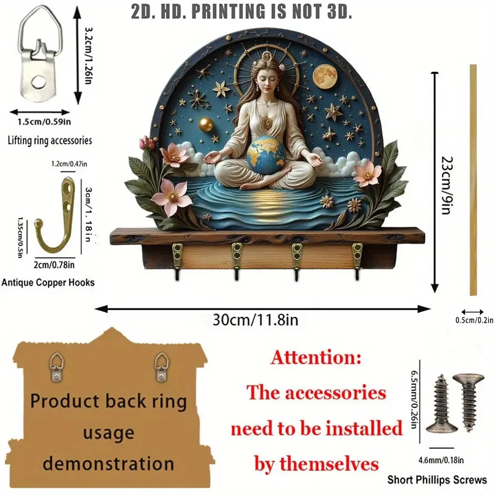 2D Earth Goddess Wooden Key Holder with Four Metal Hooks Pagan Home Decor-MoonChildWorld