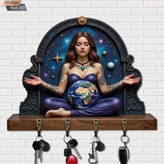 2D Earth Mother Key Holder 4 Metal Hooks - Gaia Goddess Pagan Wood Key Rack-MoonChildWorld