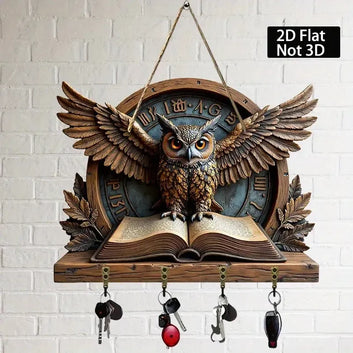 2D Elegant Owl Wooden Key Holder with Four Metal Hooks