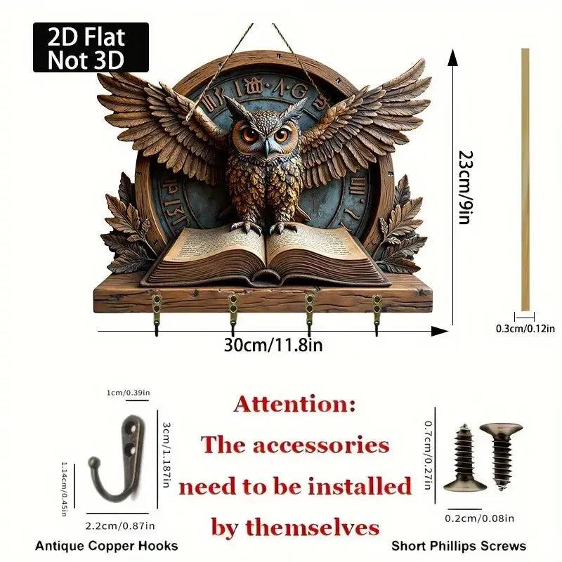 2D Elegant Owl Wooden Key Holder with Four Metal Hooks-MoonChildWorld