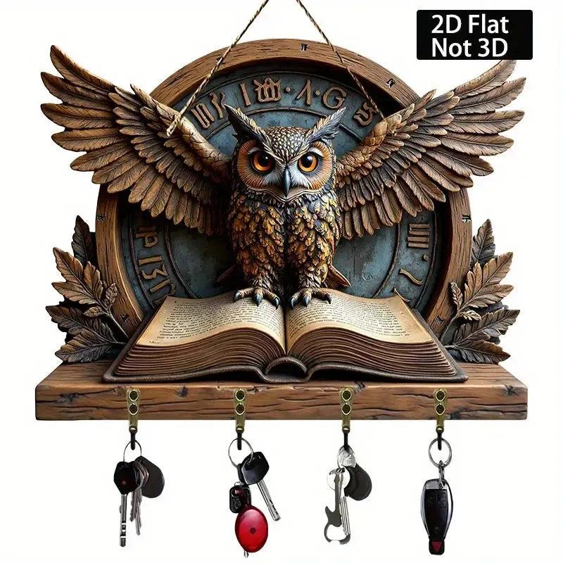 2D Elegant Owl Wooden Key Holder with Four Metal Hooks-MoonChildWorld
