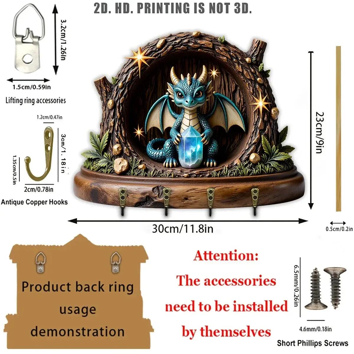 2D Fantasy Little Dragon Wooden Key Holder with Four Metal Hooks-MoonChildWorld