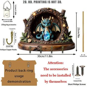 2D Fantasy Little Dragon Wooden Key Holder with Four Metal Hooks-MoonChildWorld