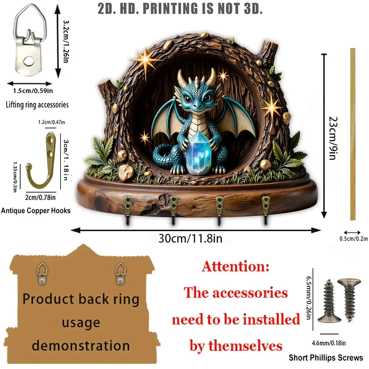 2D Fantasy Little Dragon Wooden Key Holder with Four Metal Hooks-MoonChildWorld