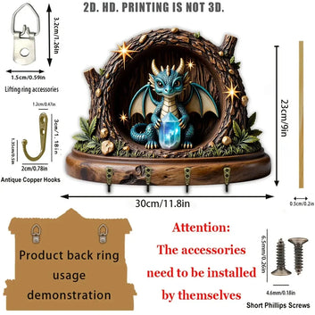 2D Fantasy Little Dragon Wooden Key Holder with Four Metal Hooks