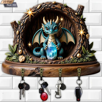 2D Fantasy Little Dragon Wooden Key Holder with Four Metal Hooks-MoonChildWorld