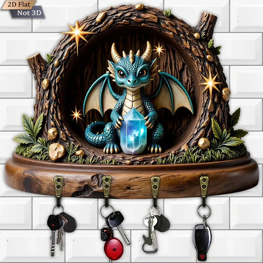 2D Fantasy Little Dragon Wooden Key Holder with Four Metal Hooks-MoonChildWorld