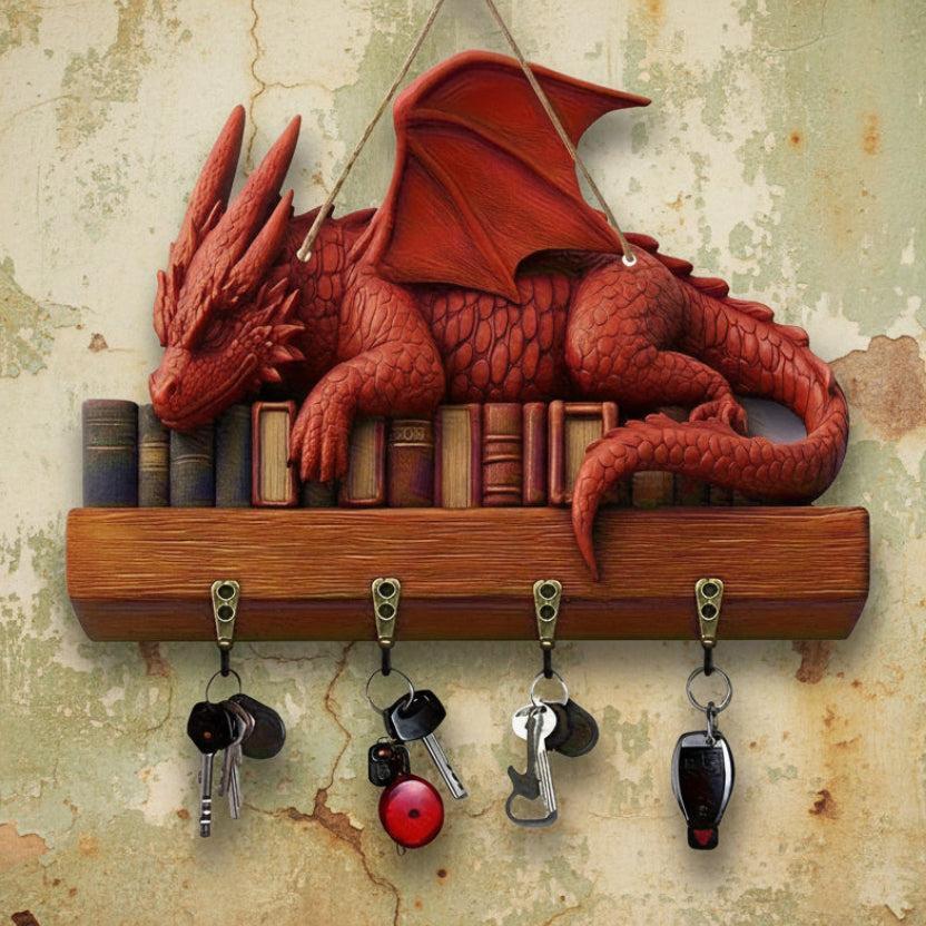 2D Fantasy Style Red Dragon Wooden Key Holder with 4 Metal Hooks - Mystic Wood Key Rack-MoonChildWorld