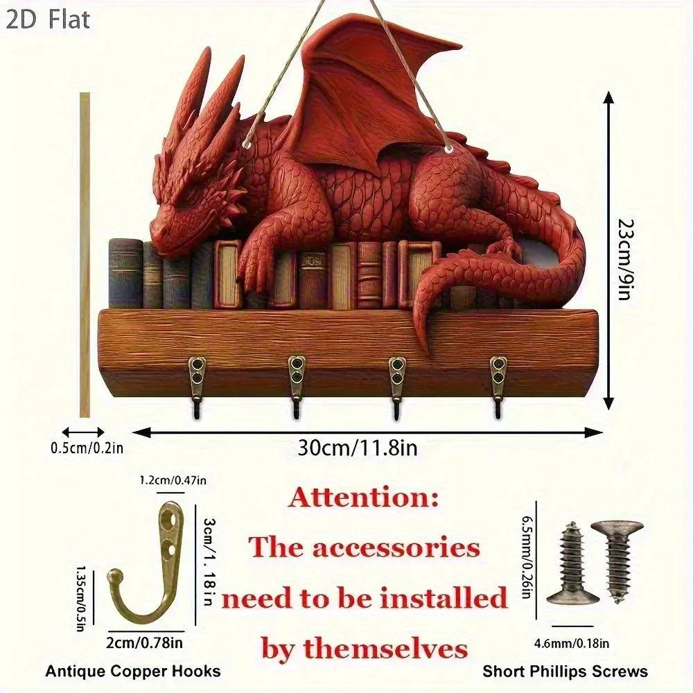 2D Fantasy Style Red Dragon Wooden Key Holder with 4 Metal Hooks - Mystic Wood Key Rack-MoonChildWorld