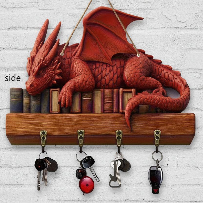2D Fantasy Style Red Dragon Wooden Key Holder with 4 Metal Hooks - Mystic Wood Key Rack-MoonChildWorld