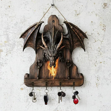 2D Fire Dragon Wooden Key Holder with Four Metal Hooks-MoonChildWorld