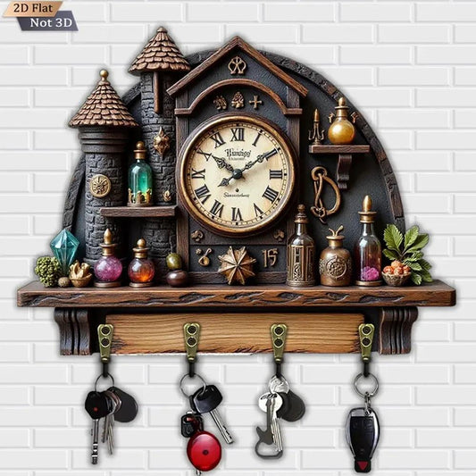 2D Flat Vintage Castle Magic Key Rack - Witchy Key Holder 4 Metal Hooks for Witch Wall Decor-MoonChildWorld