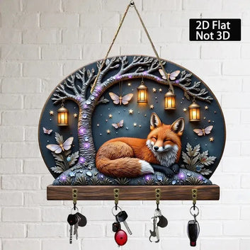 2D Fox Wooden Key Holder with Four Metal Hooks
