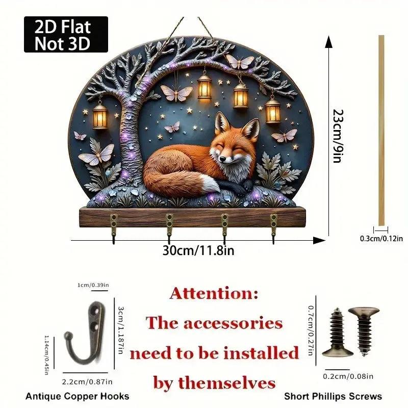 2D Fox Wooden Key Holder with Four Metal Hooks-MoonChildWorld