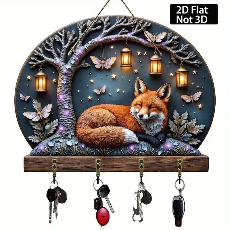 2D Fox Wooden Key Holder with Four Metal Hooks-MoonChildWorld