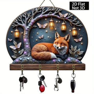 2D Fox Wooden Key Holder with Four Metal Hooks-MoonChildWorld