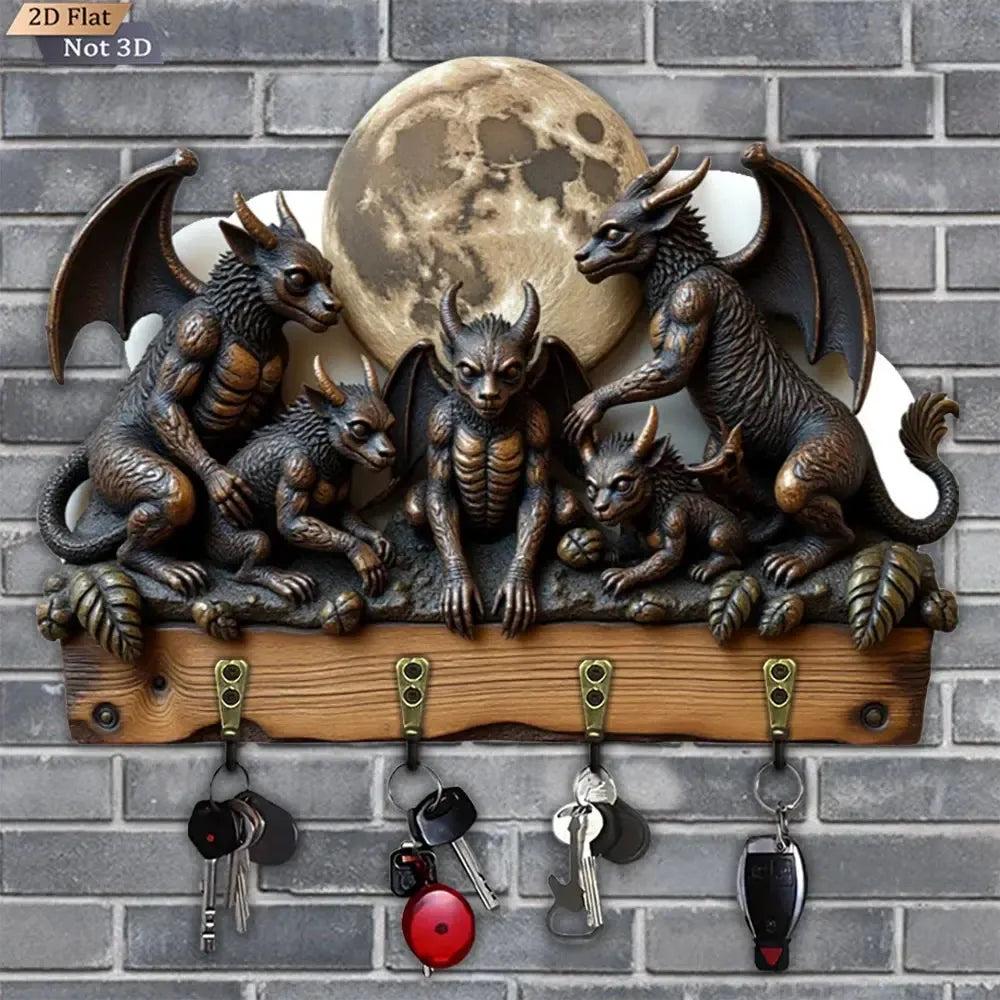 2D Gargoyle Gothic Key Holder 4 Metal Hooks - Witchy Wood Key Rack-MoonChildWorld