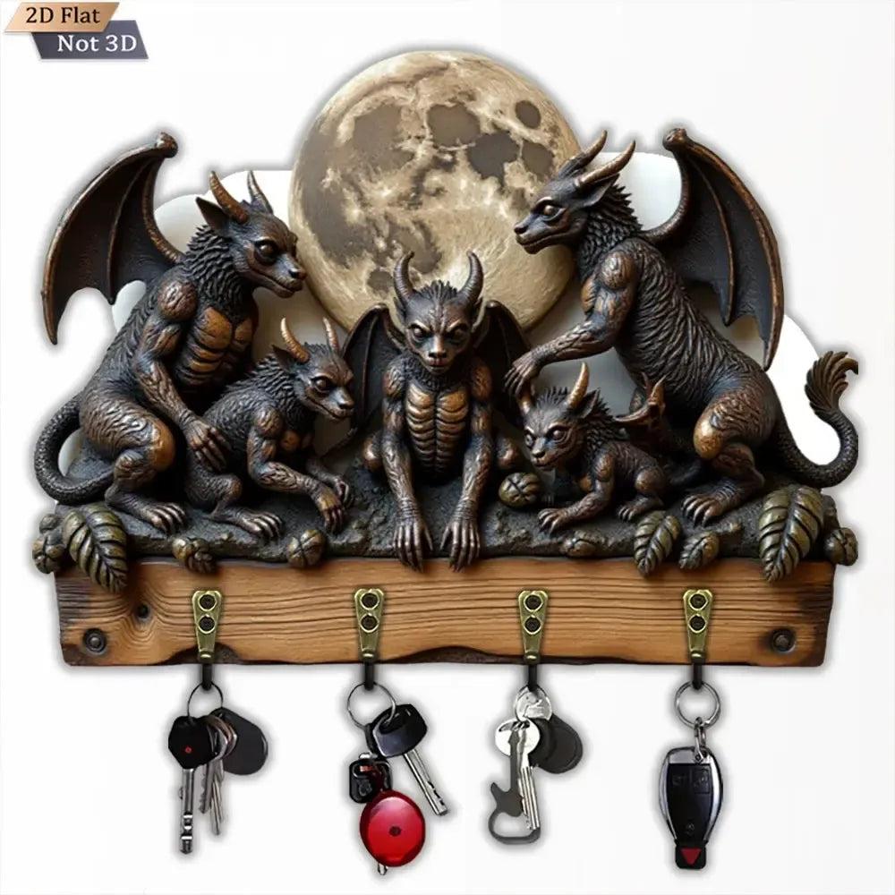 2D Gargoyle Gothic Key Holder 4 Metal Hooks - Witchy Wood Key Rack-MoonChildWorld