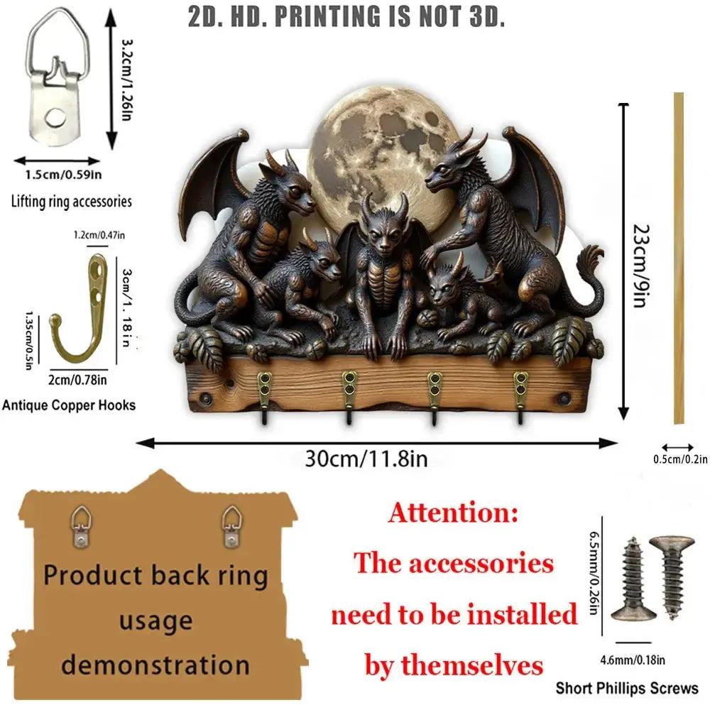 2D Gargoyle Gothic Key Holder 4 Metal Hooks - Witchy Wood Key Rack-MoonChildWorld