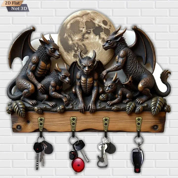 2D Gargoyle Gothic Key Holder 4 Metal Hooks - Witchy Wood Key Rack-MoonChildWorld
