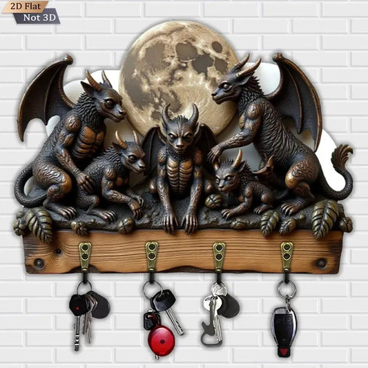 2D Gargoyle Gothic Key Holder 4 Metal Hooks - Witchy Wood Key Rack-MoonChildWorld