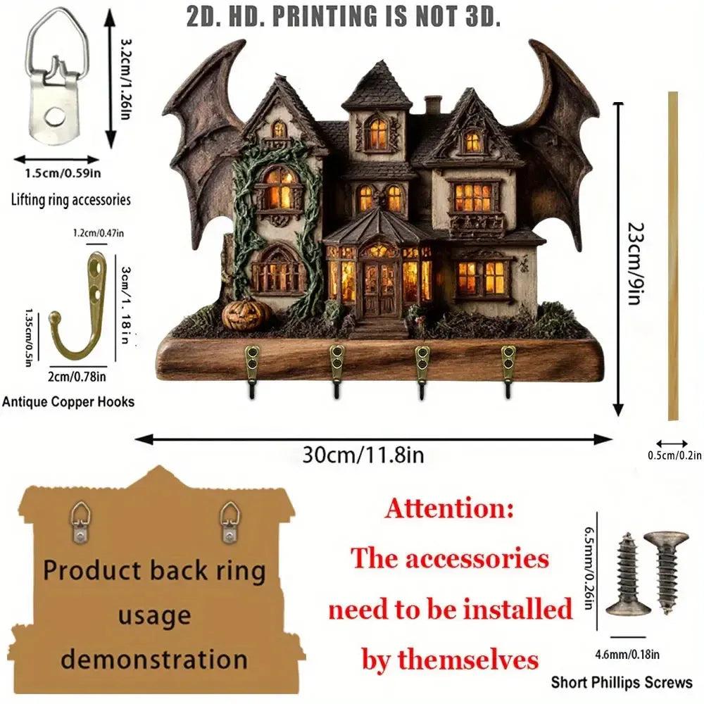 2D Gothic Bat Ghost House Key Holder 4 Metal Hooks - Halloween Wood Key Rack-MoonChildWorld