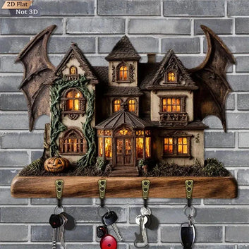 2D Gothic Bat Ghost House Key Holder 4 Metal Hooks - Halloween Wood Key Rack-MoonChildWorld