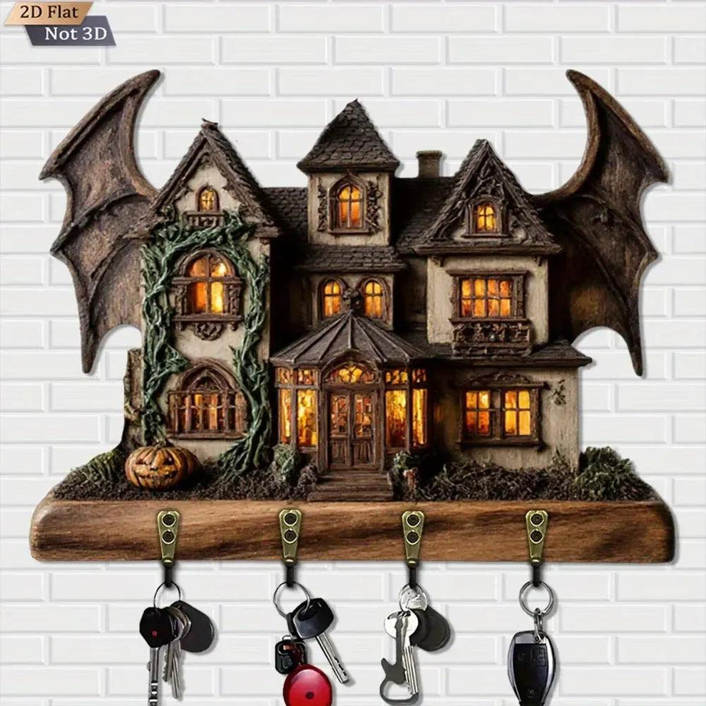 2D Gothic Bat Ghost House Key Holder 4 Metal Hooks - Halloween Wood Ke