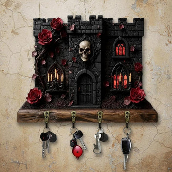 2D Gothic Castle Key Holder with Skull & Roses - Spooky Gothic Decor-MoonChildWorld
