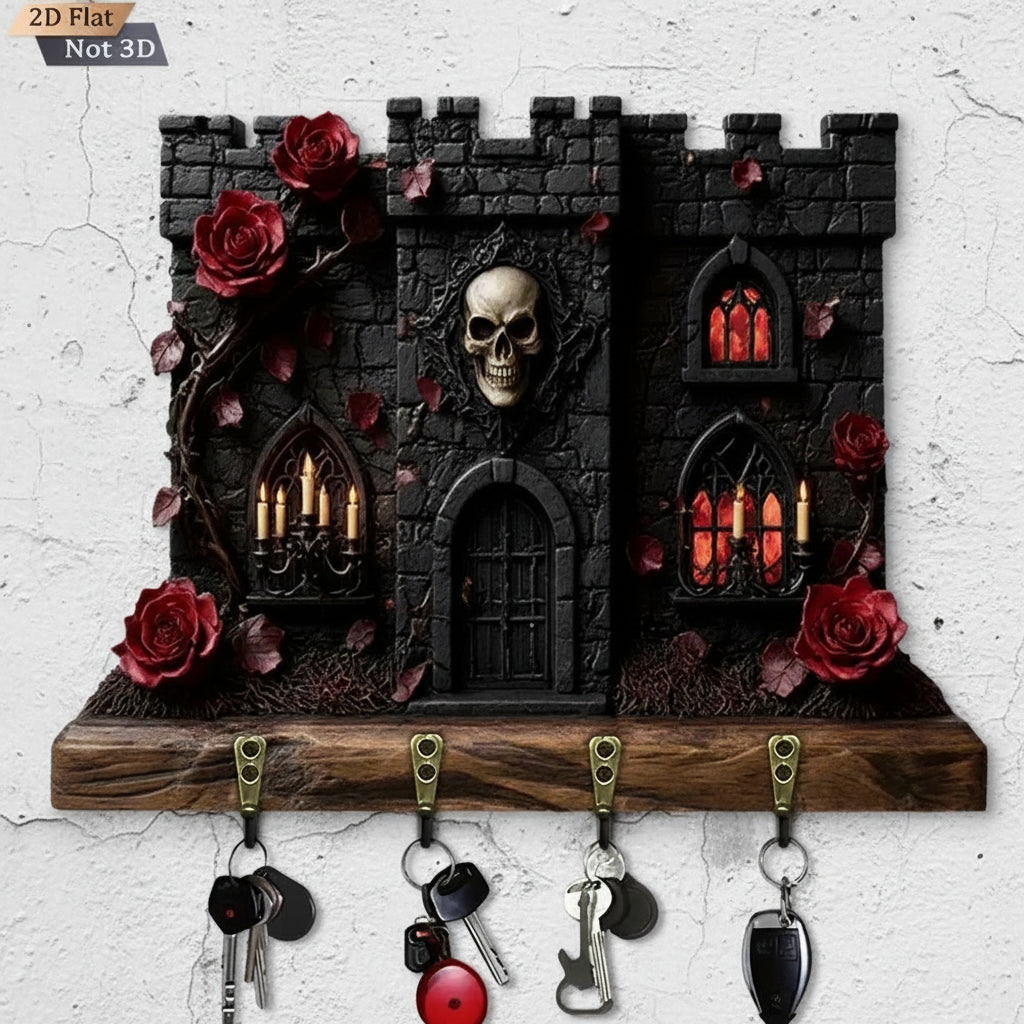 2D Gothic Castle Key Holder with Skull & Roses - Spooky Gothic Decor-MoonChildWorld