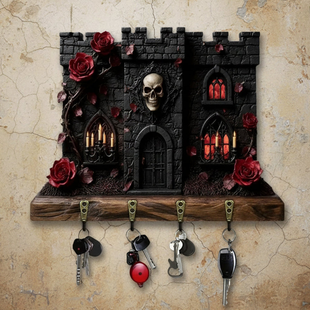 2D Gothic Castle Key Holder with Skull & Roses - Spooky Gothic Decor-MoonChildWorld