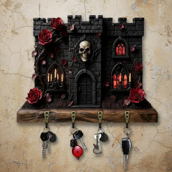 2D Gothic Castle Key Holder with Skull & Roses - Spooky Gothic Decor