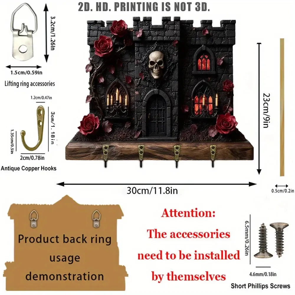 2D Gothic Castle Key Holder with Skull & Roses - Spooky Gothic Decor-MoonChildWorld