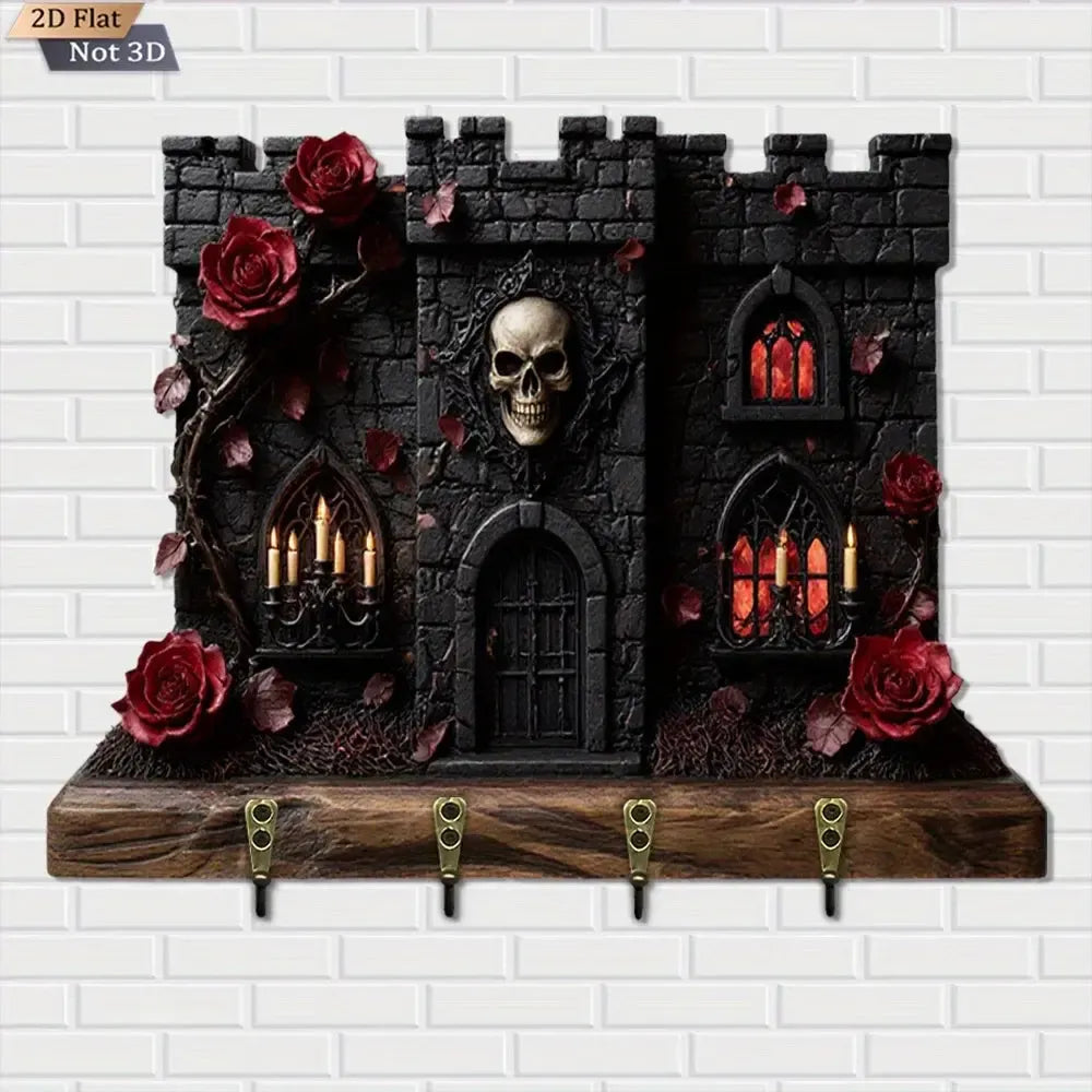 2D Gothic Castle Key Holder with Skull & Roses - Spooky Gothic Decor-MoonChildWorld