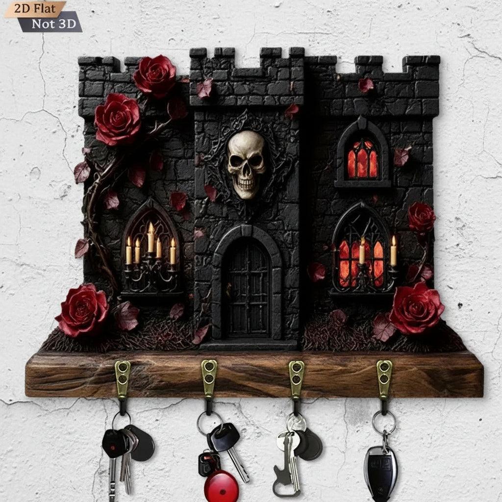 2D Gothic Castle Key Holder with Skull & Roses - Spooky Gothic Decor