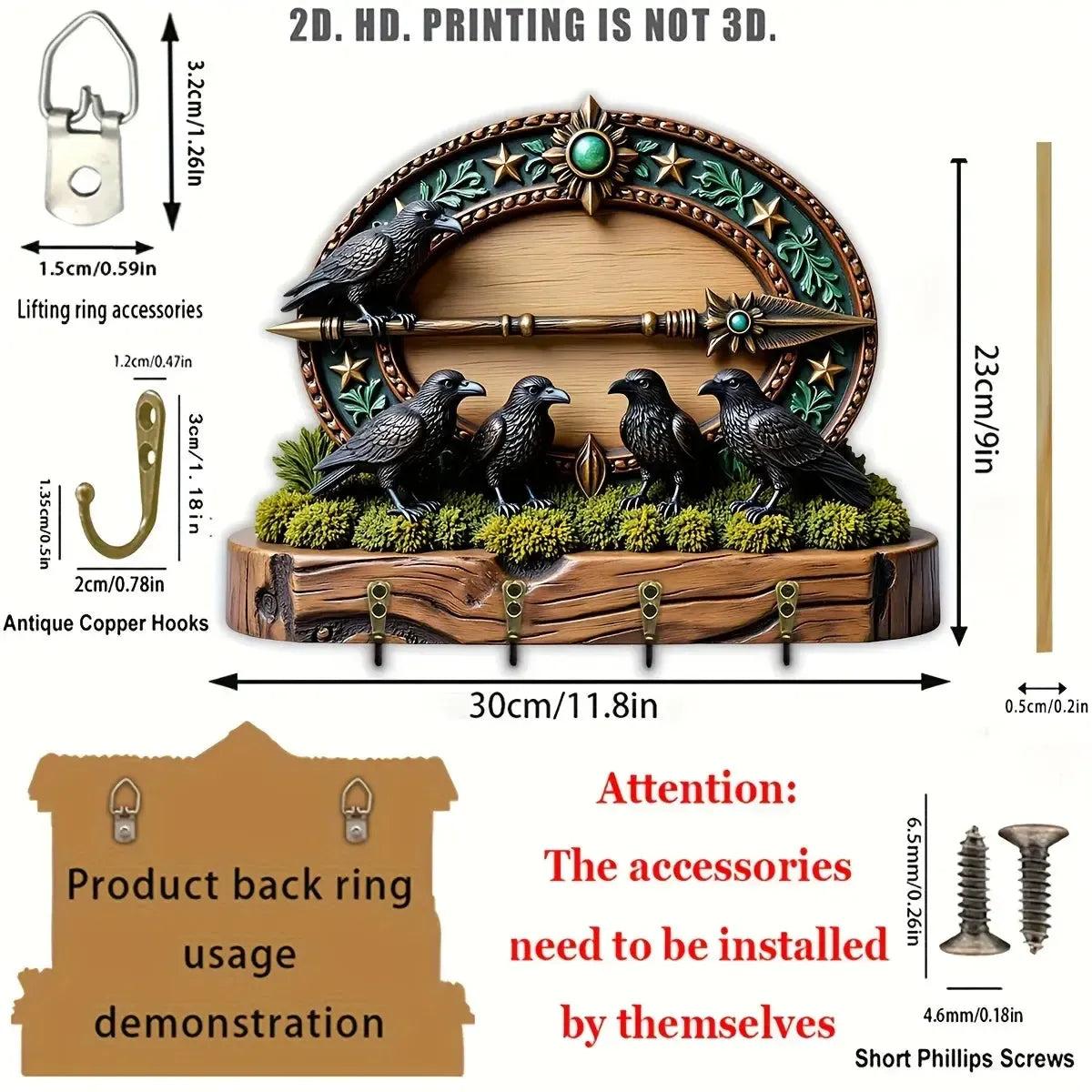 2D Gothic Crows Black Raven Wooden Key Holder 4 Metal Hooks - Witchy Wood Key Rack-MoonChildWorld